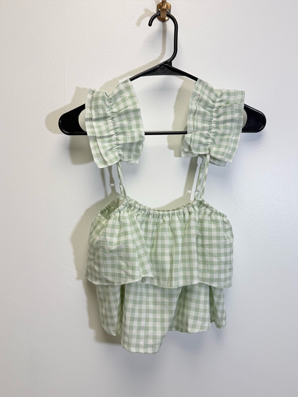 Petal & Pup Green White Gingham Ruffle Shoulder Tiered Crop Top 4 Small